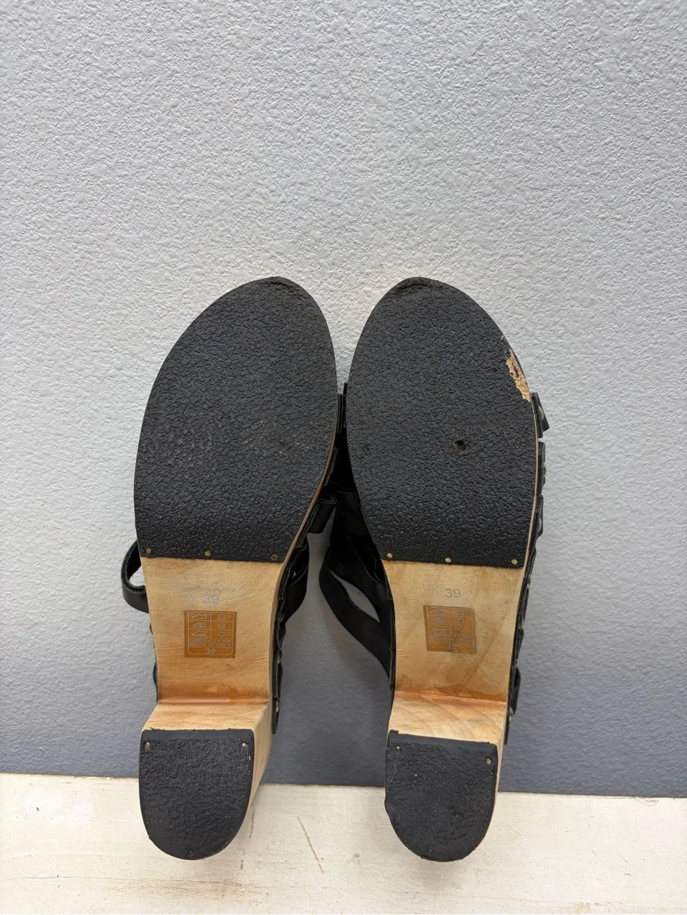 Free People Black Leather Woven Studded Wooden Sandals Size 39
